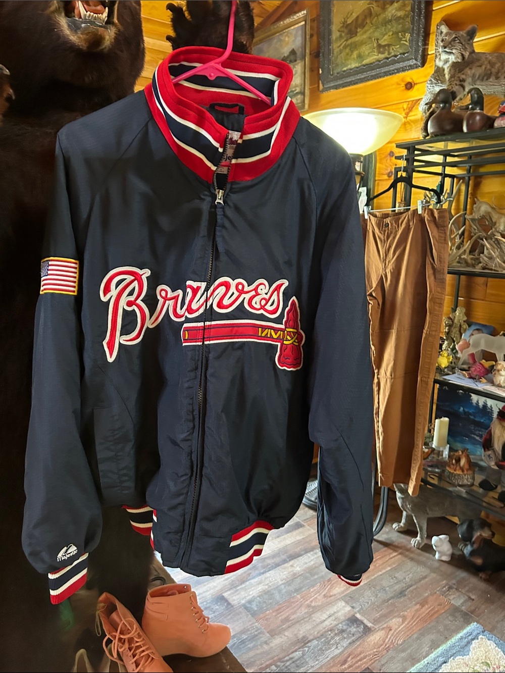 Majestic Navy Red White Atlanta Braves Bomber Jacket